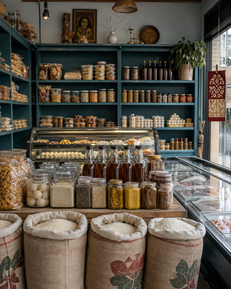 Vintage Bengali pantry with rice, mustard oil, spices and sweets
