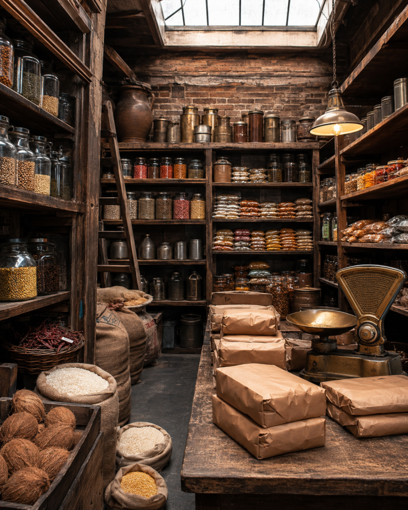 Vintage British warehouse pantry for packing regional Indian groceries