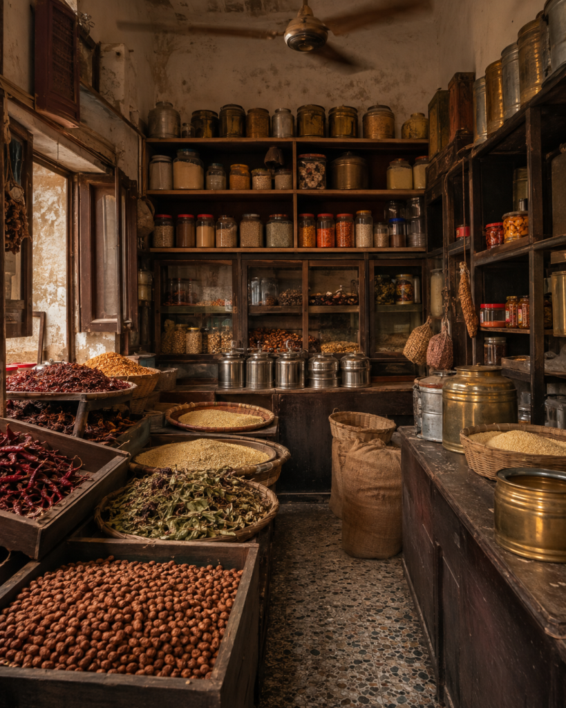 Vintage Deccan grocery with millets, chillies and traditional storage tins