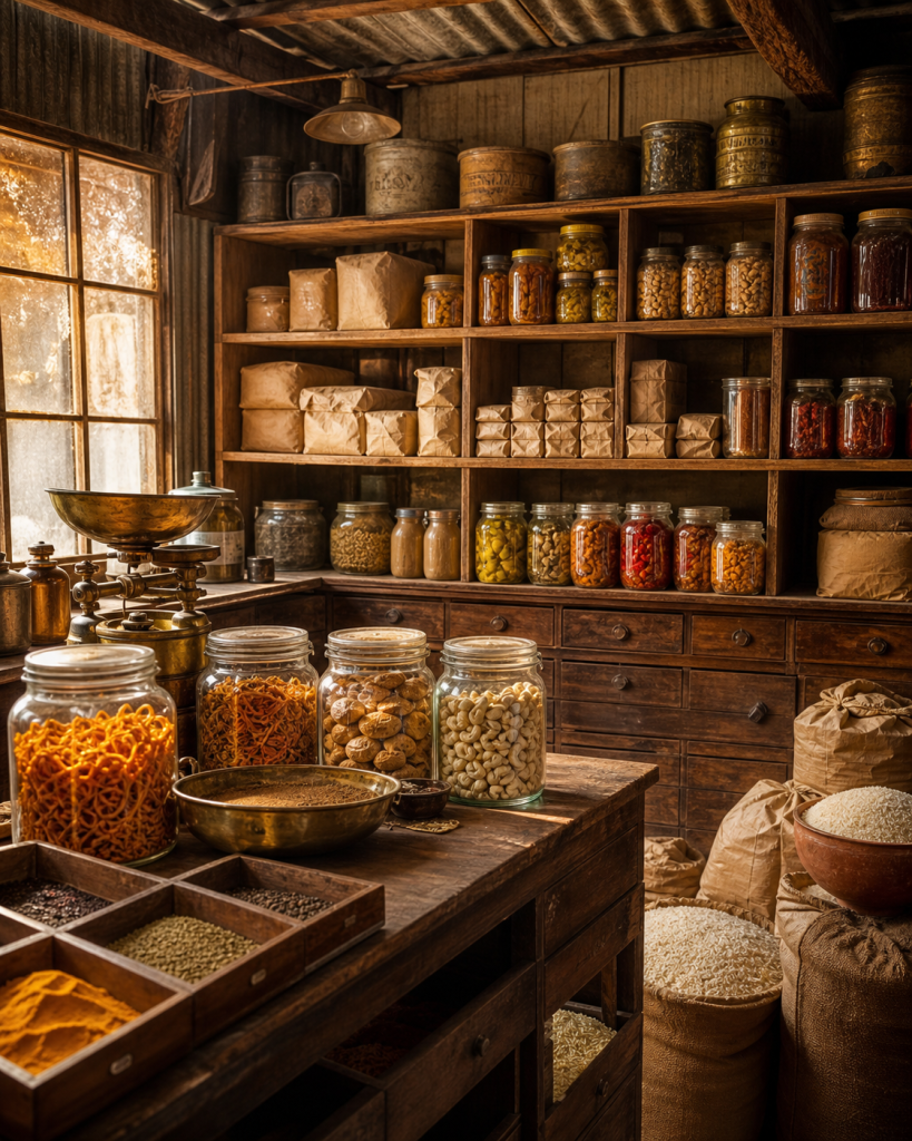 Vintage Australian general-store pantry with Indian groceries