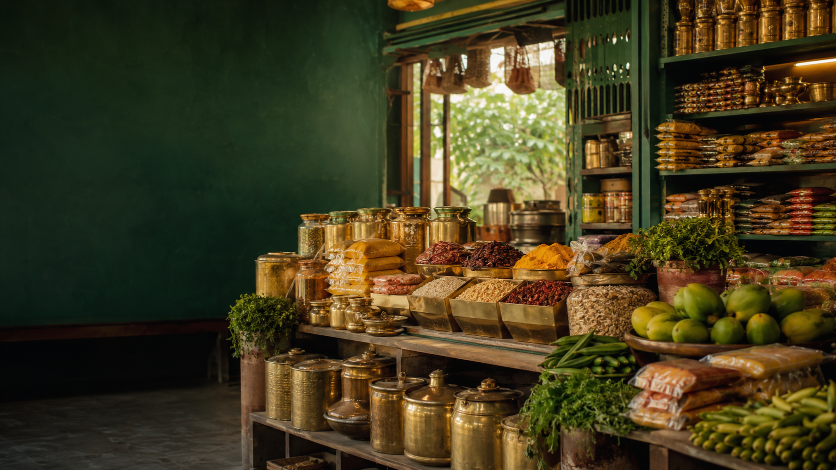 Indian grocery shop interior with spices, grains and fresh produce