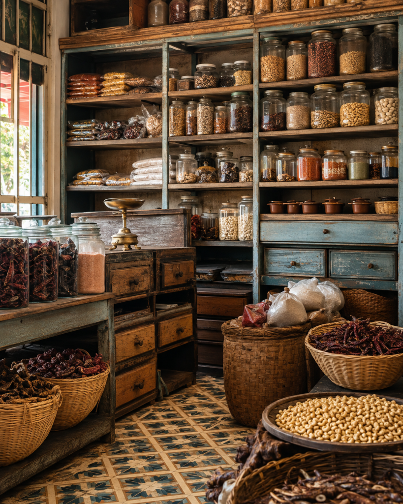Vintage Konkan grocery with kokum, chillies, cashews and patterned tiles