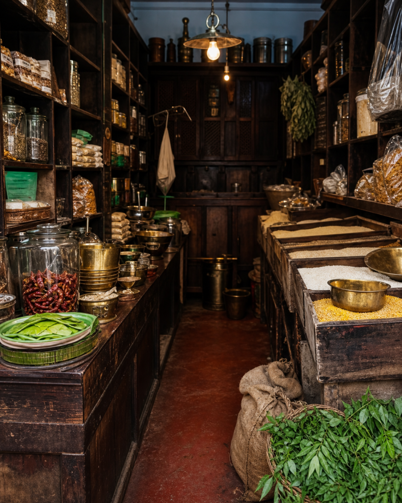 Vintage Madras provisions shop with teak shelves, curry leaves and brass measures