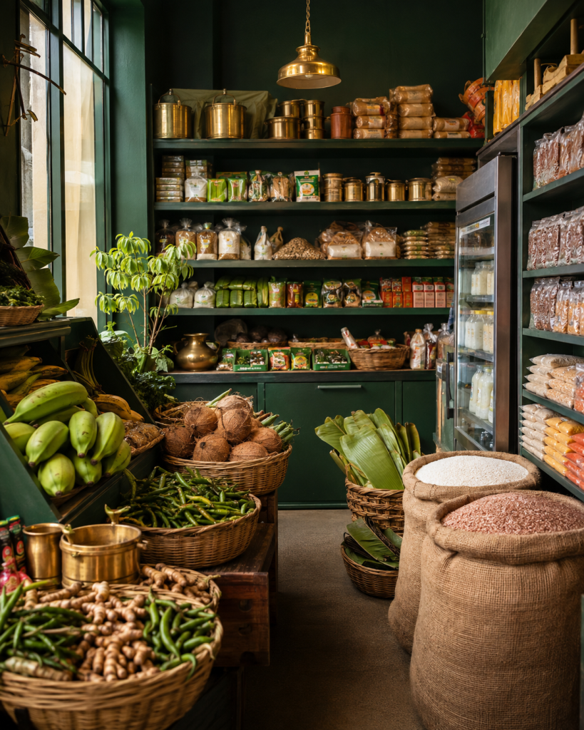 Vintage Kerala grocery interior with curry leaves, coconuts and matta rice