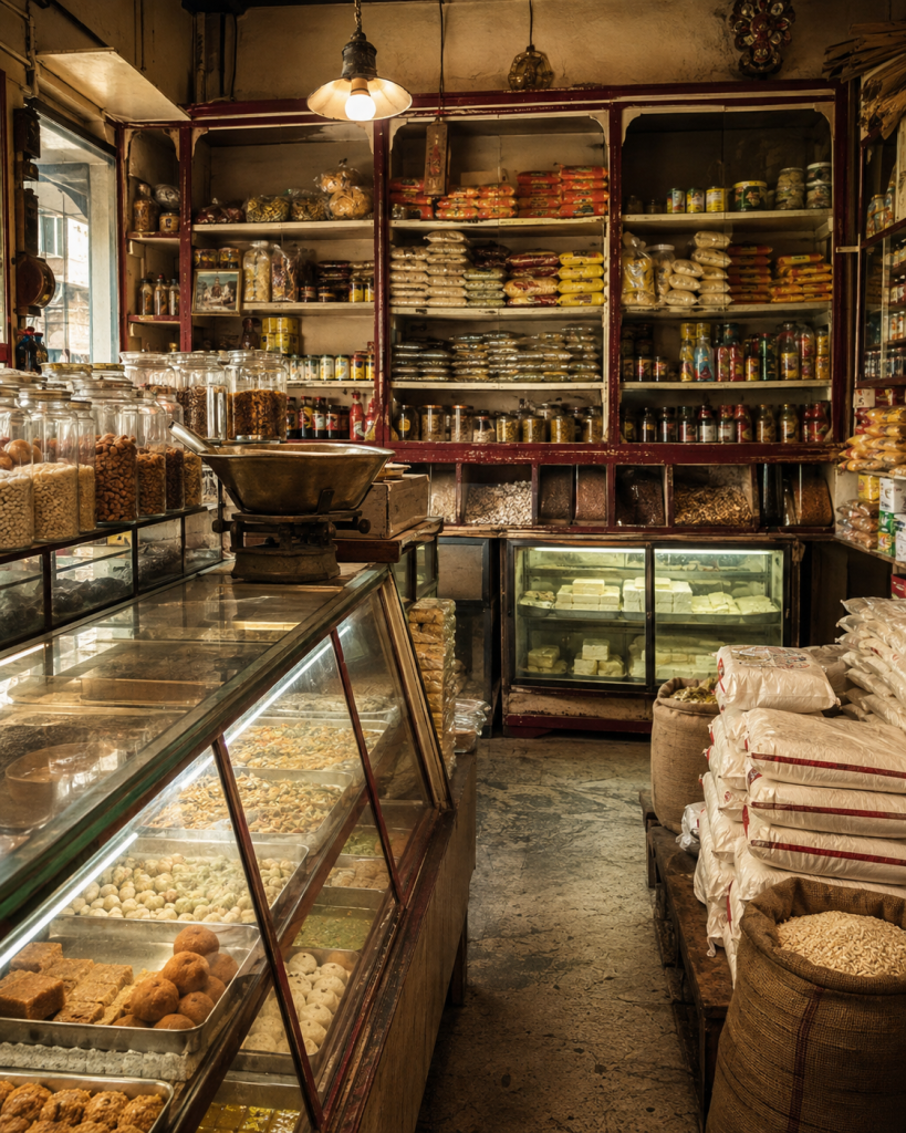 Vintage Punjab food hall with grain sacks, mithai counter and traditional scales