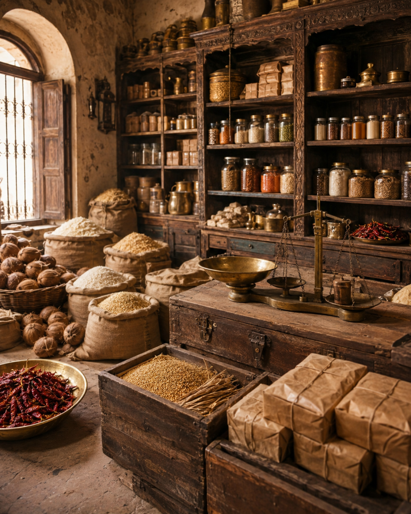 Vintage Gulf trading pantry with regional Indian grains and spices